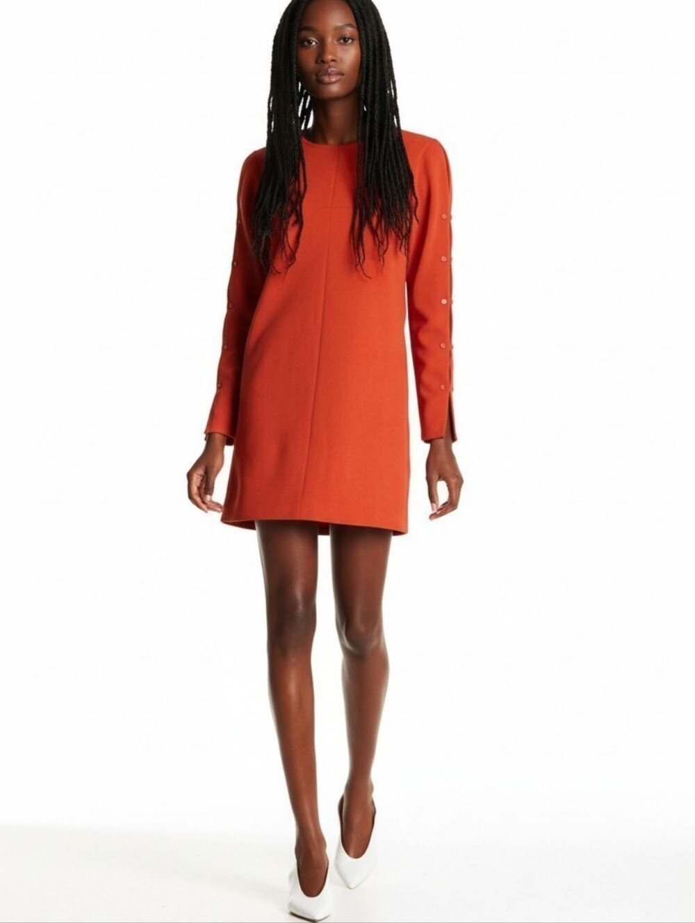 Tibi Orange Crepe Shift Dress Button Sleeve Designer Minimalist Career Chic Sz 2